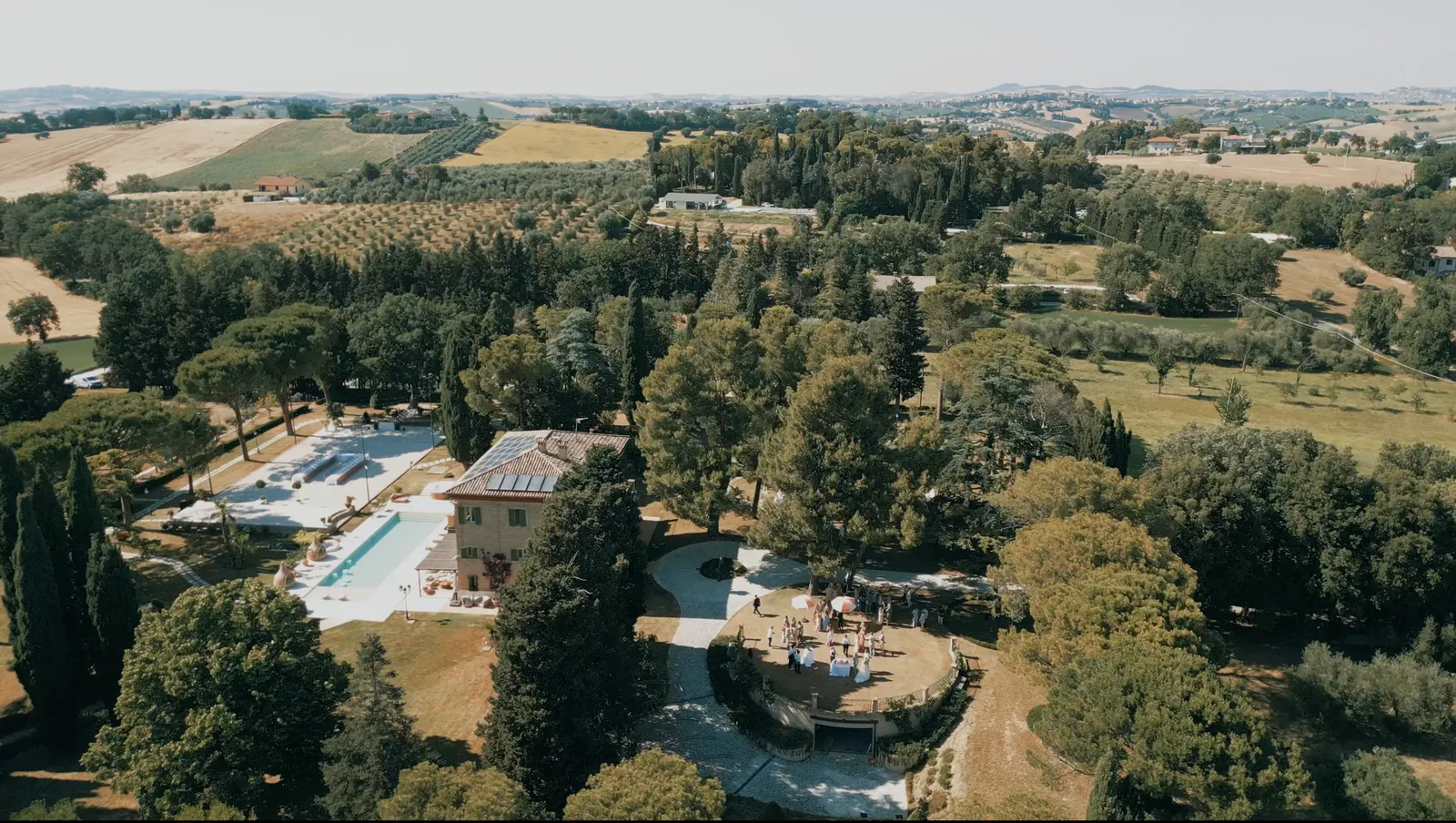Aerial view of the Maniero estate among the hills