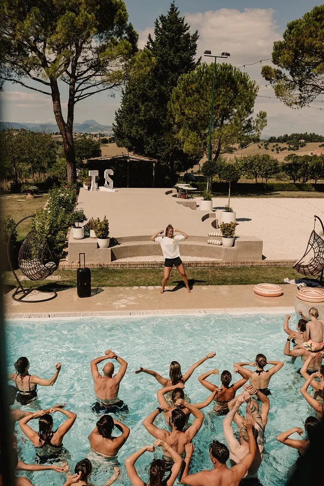 Guests in the pool seen from above